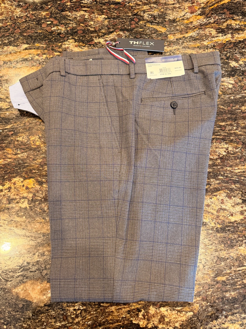 Tommy Hilfiger Gray Dress Pants with Blue Windowpane The Flex New Mens 33x30